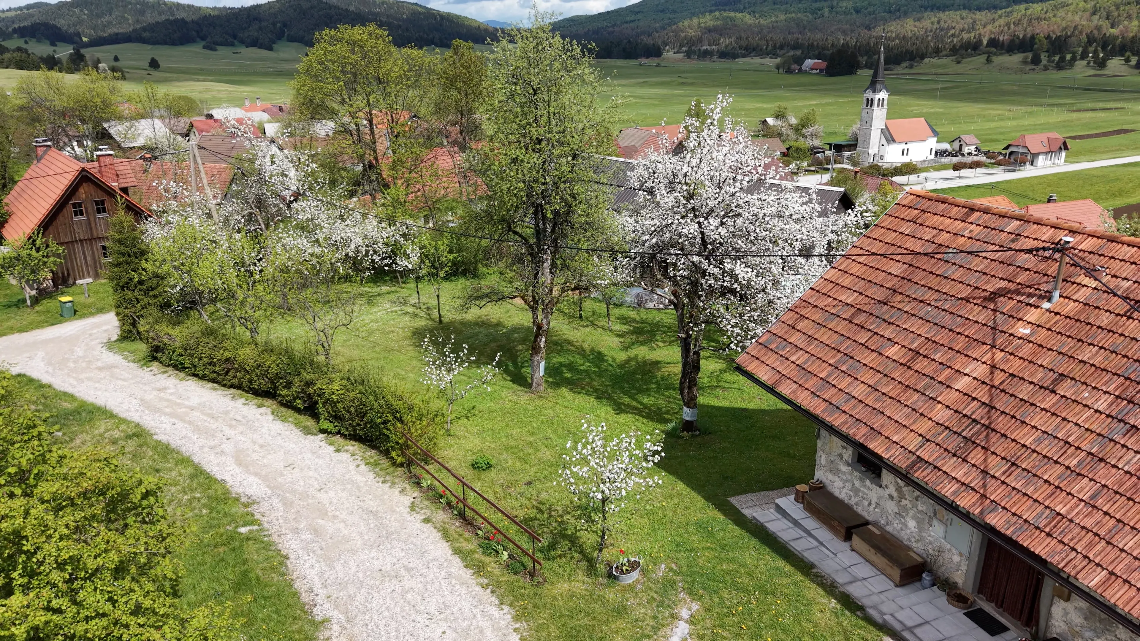 Sadovnjak Apartmaja Olga v spomladanskem cvetju, v ozadju vas Babno Polje s cerkvijo